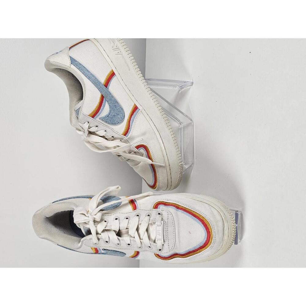 Nike Air Force 1 Low White Denim Sneakers with Rainbow Detail